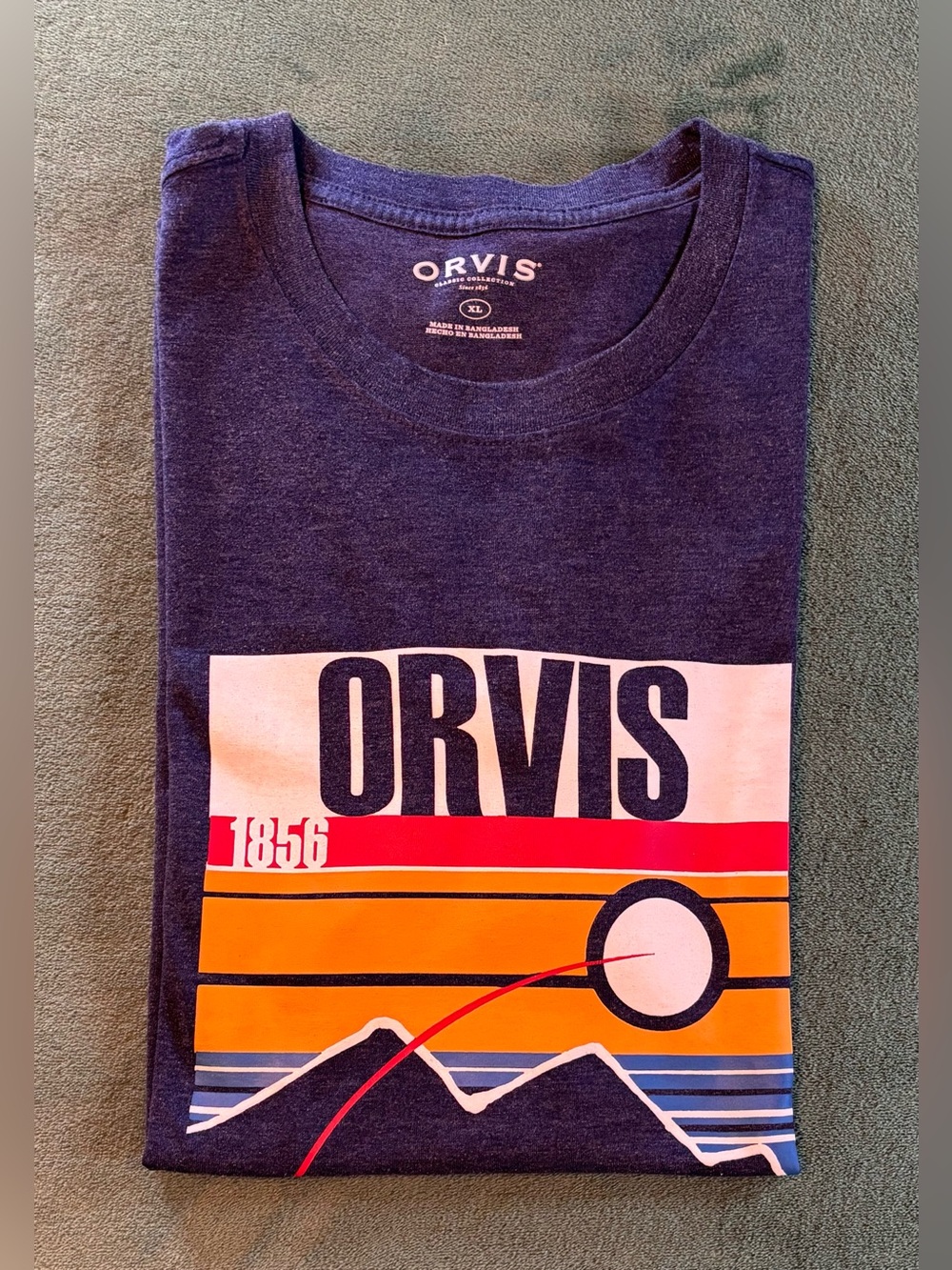 Orvis Men’s Navy Graphic Tee with Orange and Red Sunset Stripes, Size: XL (6584)